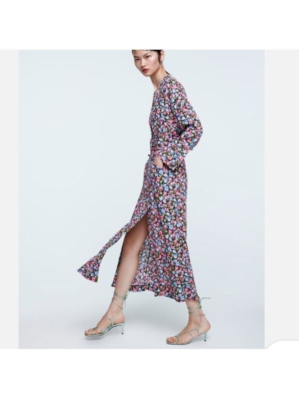 ZARA FLORAL WRAP STYLE Long Sleeve MIDI Dress w/belt & double front slits sz Med